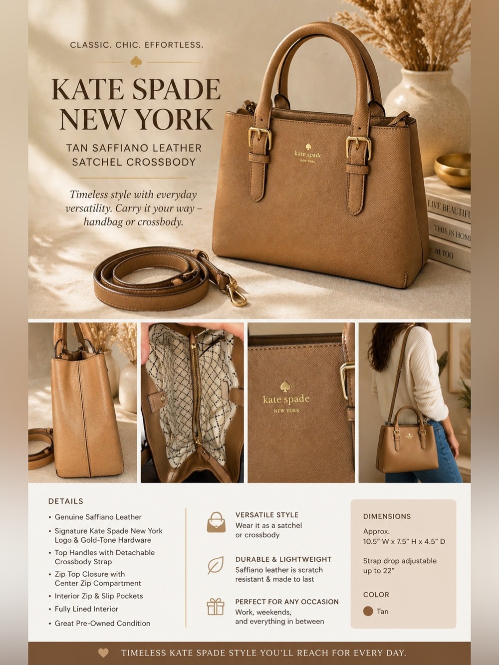 Kate Spade New York Tan Saffiano Leather Satchel Crossbody Strap